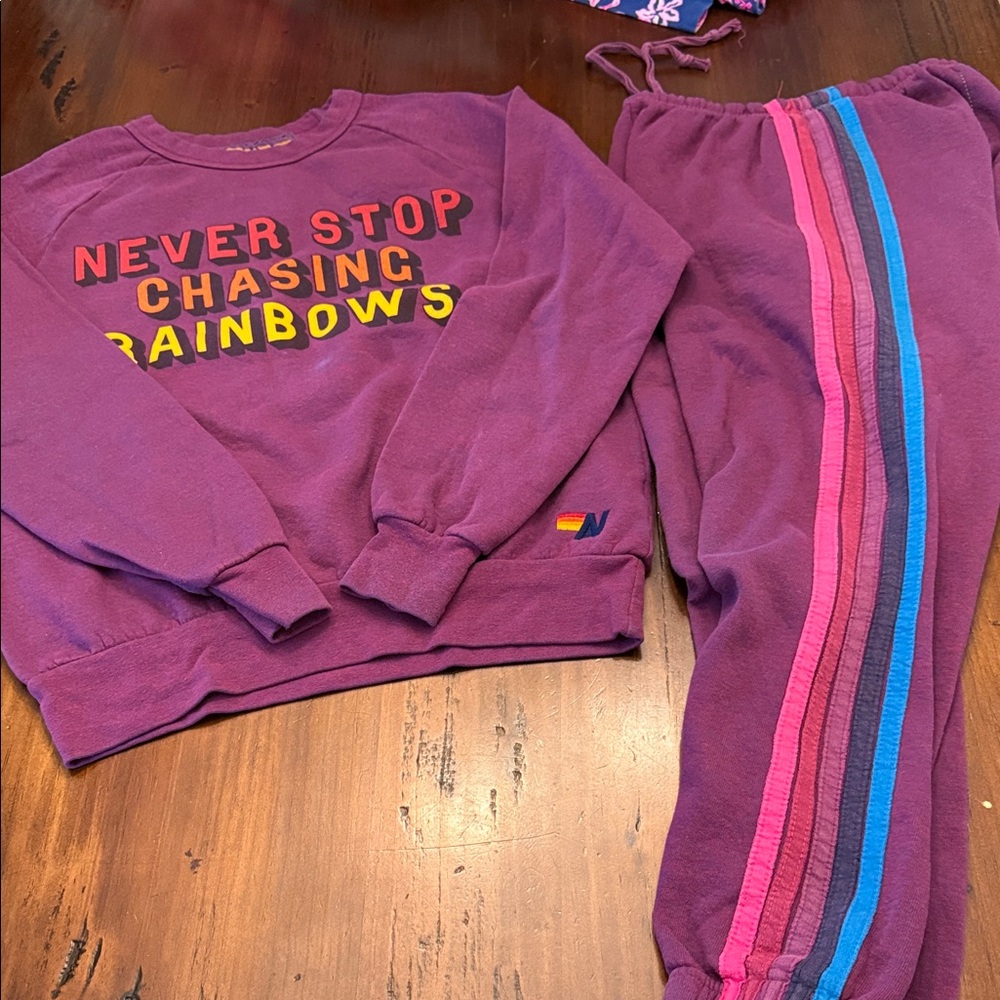 Aviator Nation Purple Sweatshirt and Joggers with Rainbow Stripes